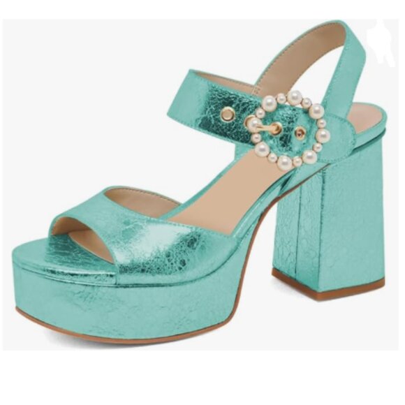 XYD Cyan Open Toe Chunky Heel Platform Pearl Buckle Ankle Strap Wedding Sandals - Picture 1 of 8